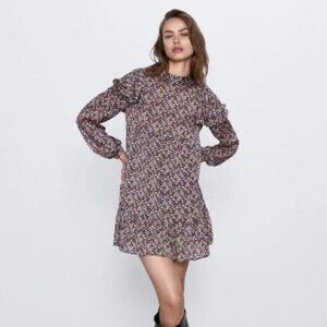 Zara Printed Ruffle Trapeze Dress M